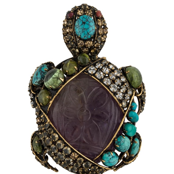 IRADJ MOINI Turtle Gemstone Brooch Pin Pendant 3.75" - Picture 2 of 10